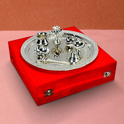 Silver plated Steel Pooja Thali With Brass Bell