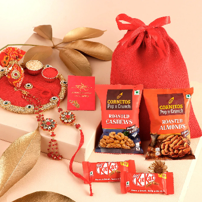 Sneh Red Kundan Bhaiya Bhabhi Rakhi Set N Thali Hamper