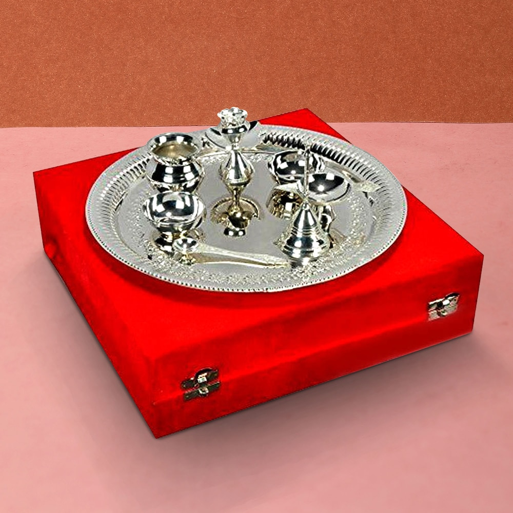  Silver plated Steel Pooja Thali With Brass Bell