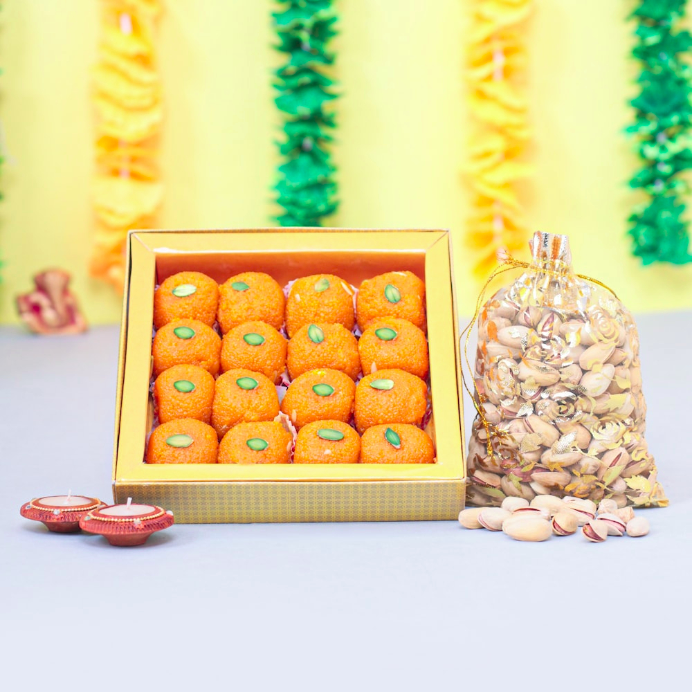 Motichoor Laddu with Pista and Diyas