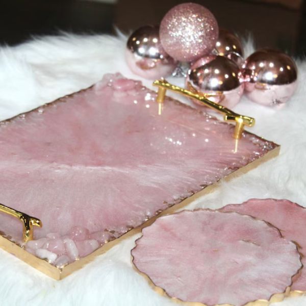  HANDMADE Pink Rose quartz Theme Resin tray