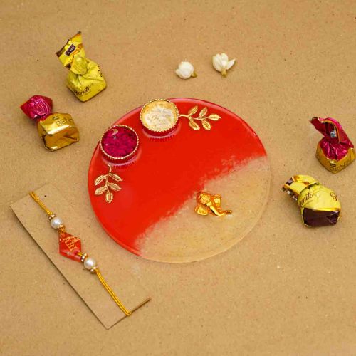 Personalized Handmade Red Resin Rakhi Thali With Roli Chawal For Brother