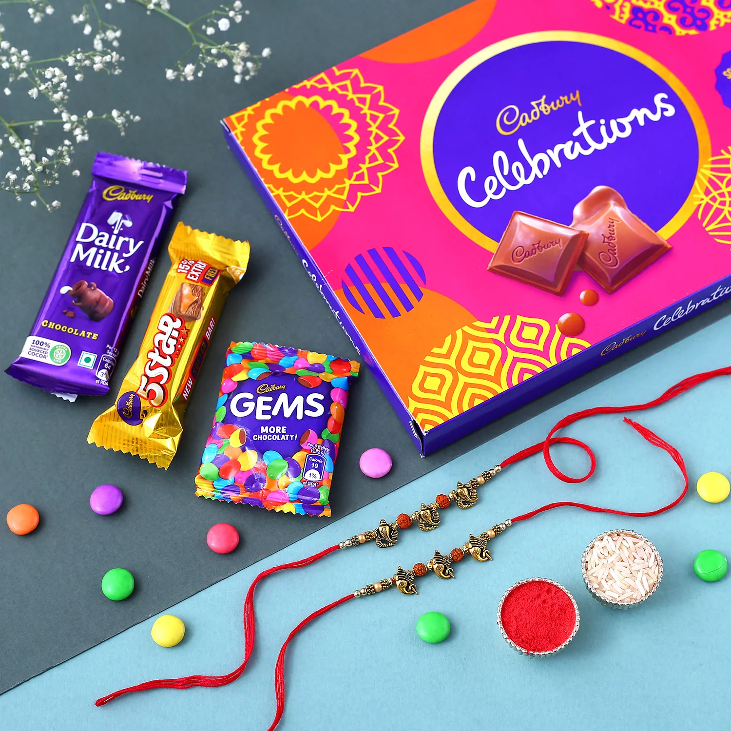  Sneh Ganesha Rudraksha Rakhi Set N Cadbury Celebrations